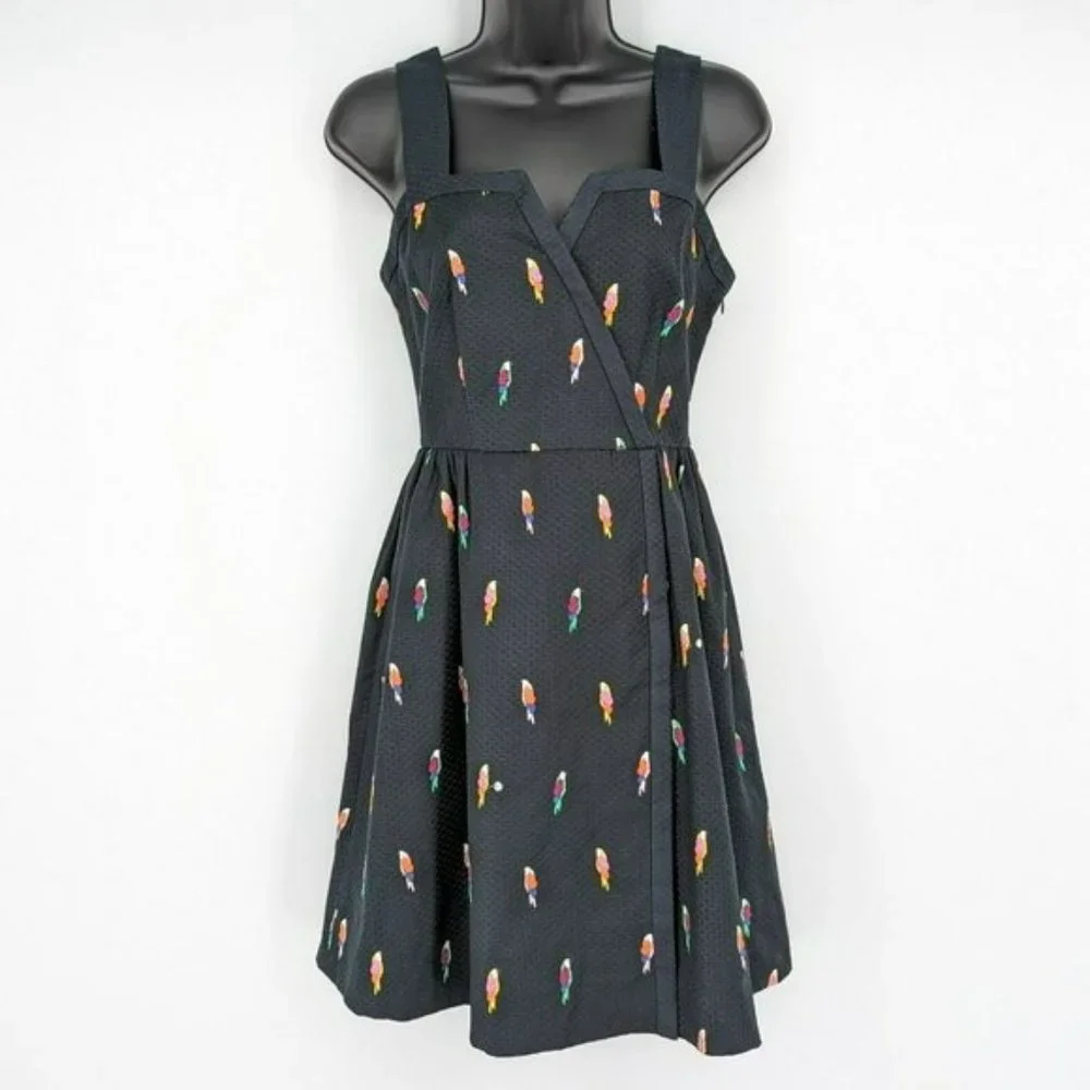 Kate Spade Flock Party Dress 0 Black Parrot Jacquard Fit N Flare Mock Wrap Mini